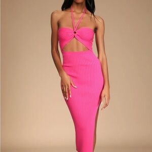 Pink Halter Cutout Midi Dress